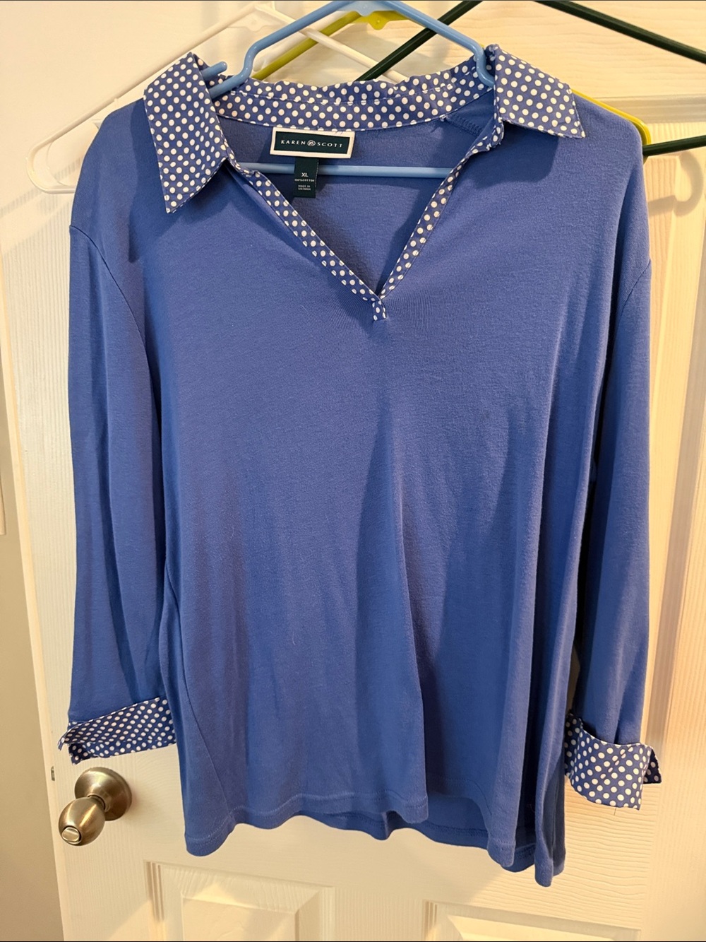 Karen Scott Blue Polka-Dot Trim V-Neck Long-Sleeve Top